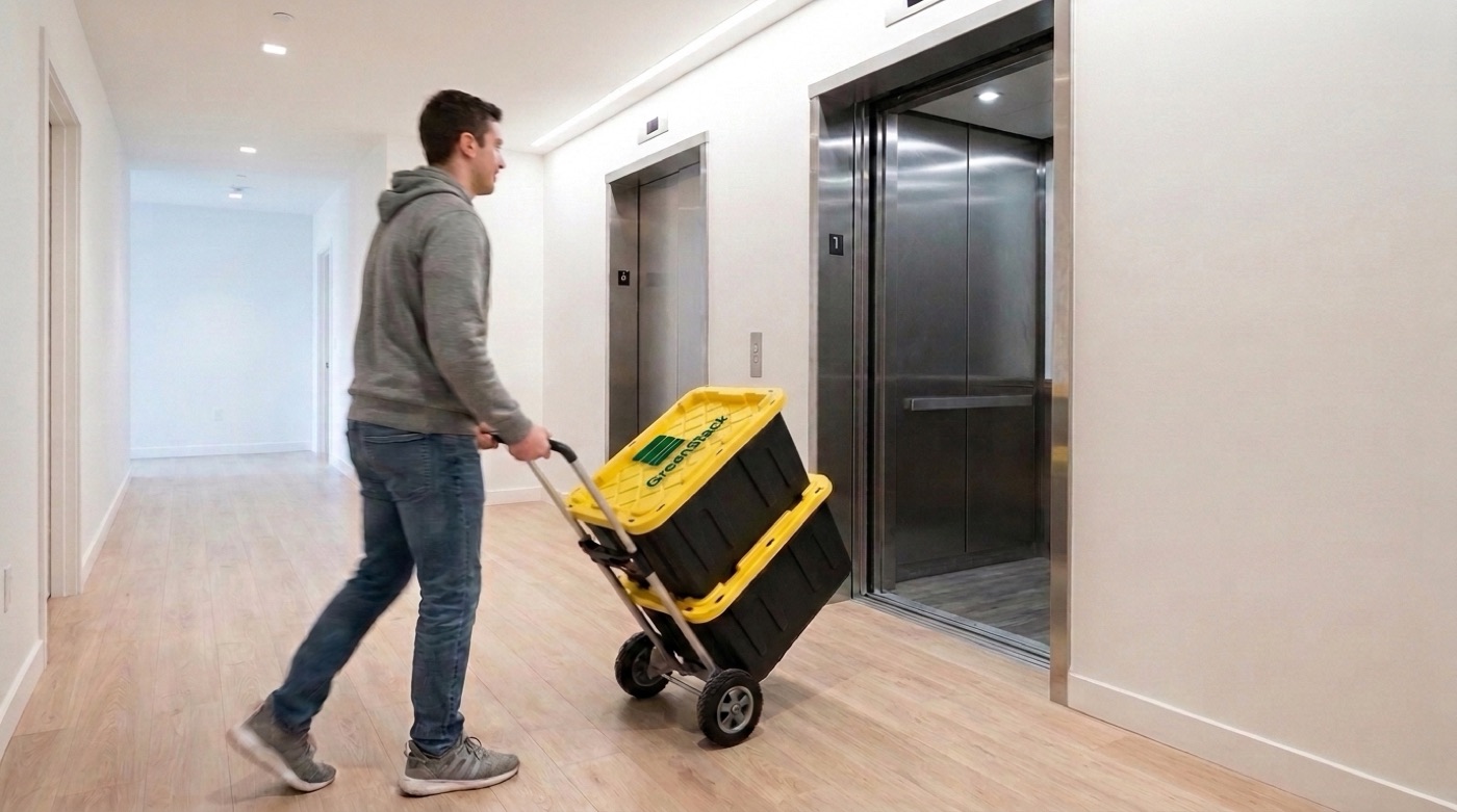 A person wheeling stacked GreenStack bins on a dolly toward an open condo elevator
