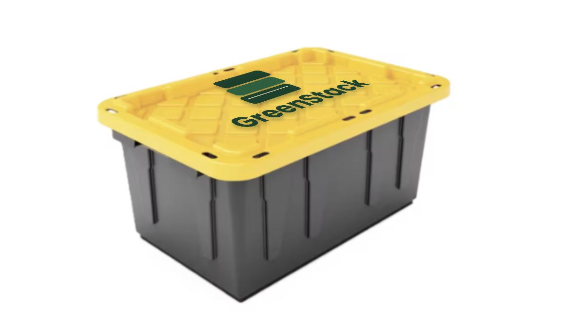 GreenStack moving bin, 28.5 inches long, 19.6 inches wide, 15.3 inches high